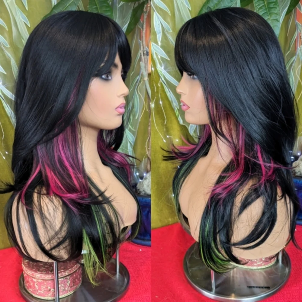 LAST ONE! Black wig with neon pink and green